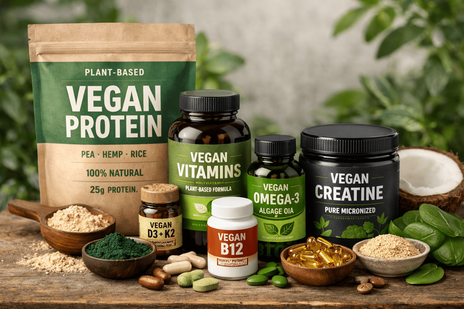 Vegan dietary supplements on wooden surface-min