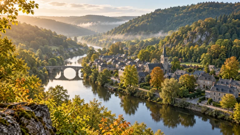 AI-generated Belgian Ardennes illustration with a wooded river valley and stone village