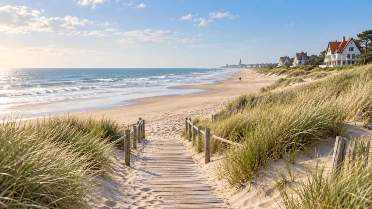 AI-generated Belgian North Sea coast illustration with beach, dunes and a boardwalk