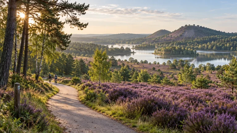 AI-generated Belgian Limburg illustration with heathland, pine trees, a lake and cyclists