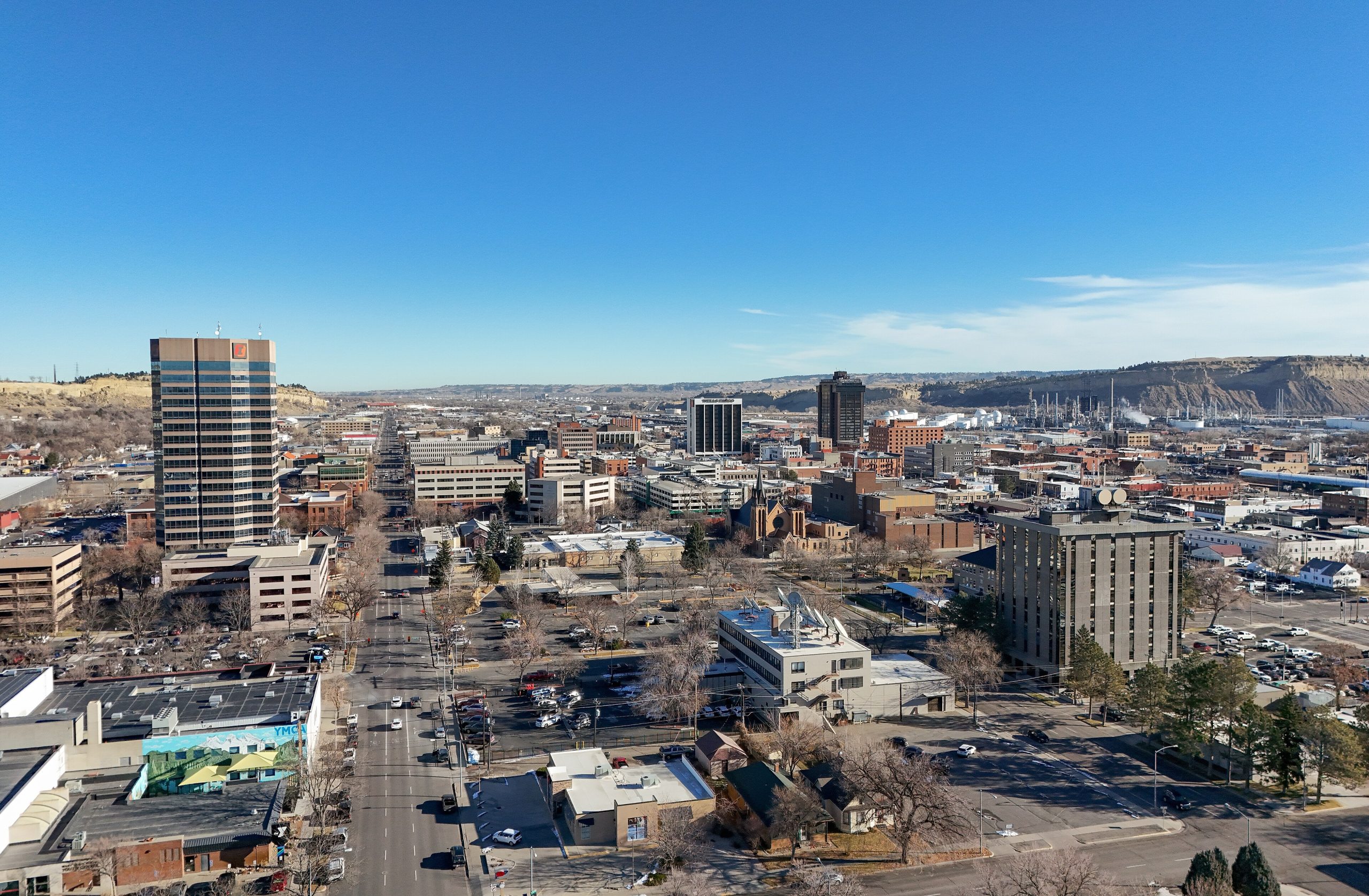 Billings downtown skyline with the Rimrocks beyond the city