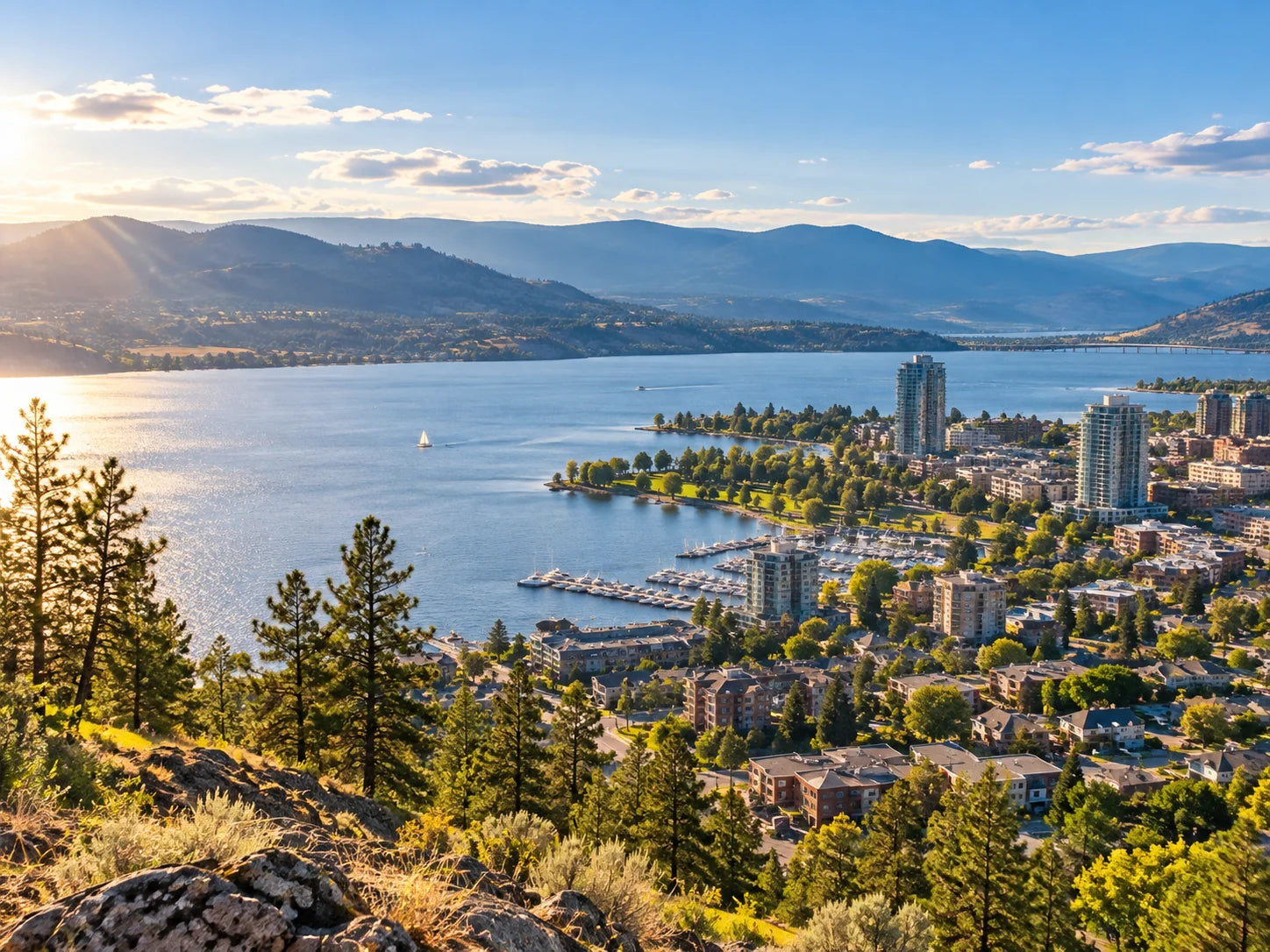 AI-generated travel illustration inspired by Kelowna, Okanagan Lake and surrounding hills in British Columbia