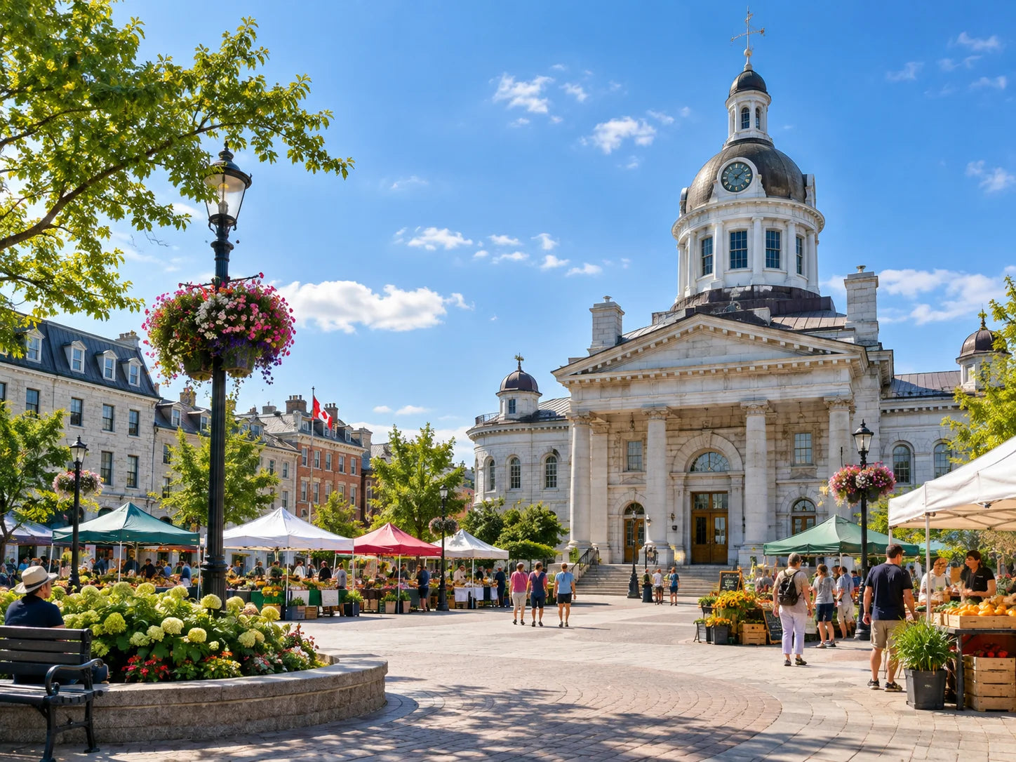 AI-generated travel illustration inspired by Kingston City Hall and a summer market square in Ontario
