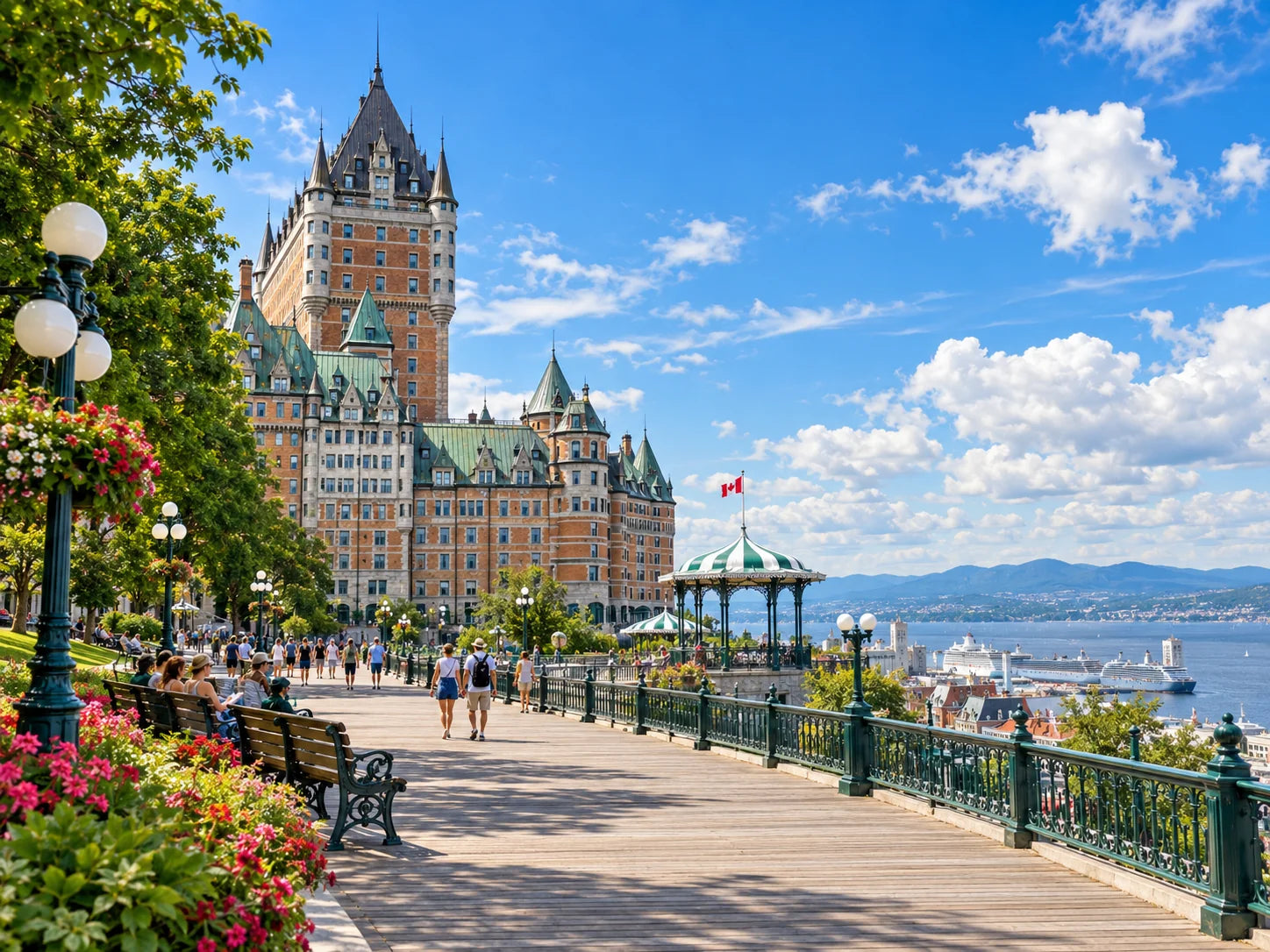 AI-generated travel illustration inspired by Château Frontenac and Dufferin Terrace in Québec City