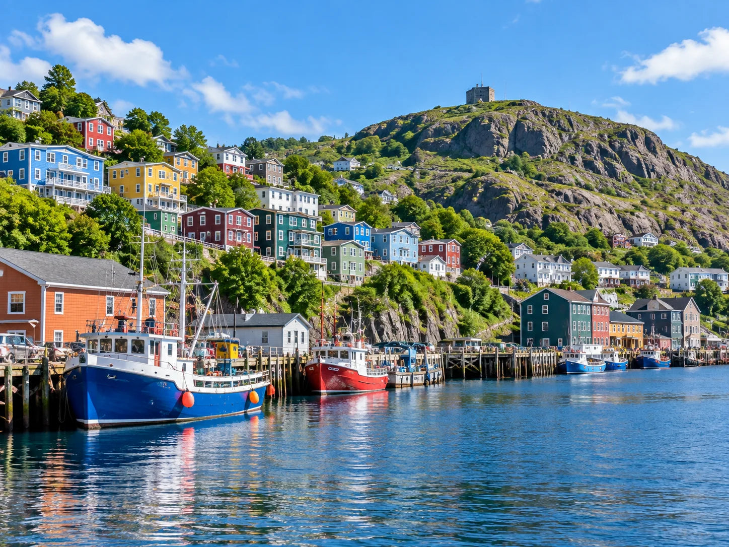AI-generated travel illustration inspired by St. John's harbour, colourful hillside houses and Signal Hill in Newfoundland