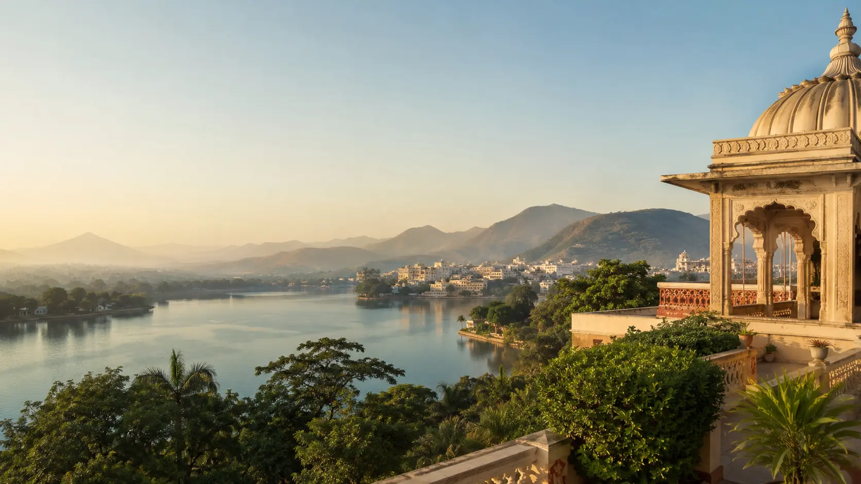 Indian palace terrace overlooking a lake and green hills