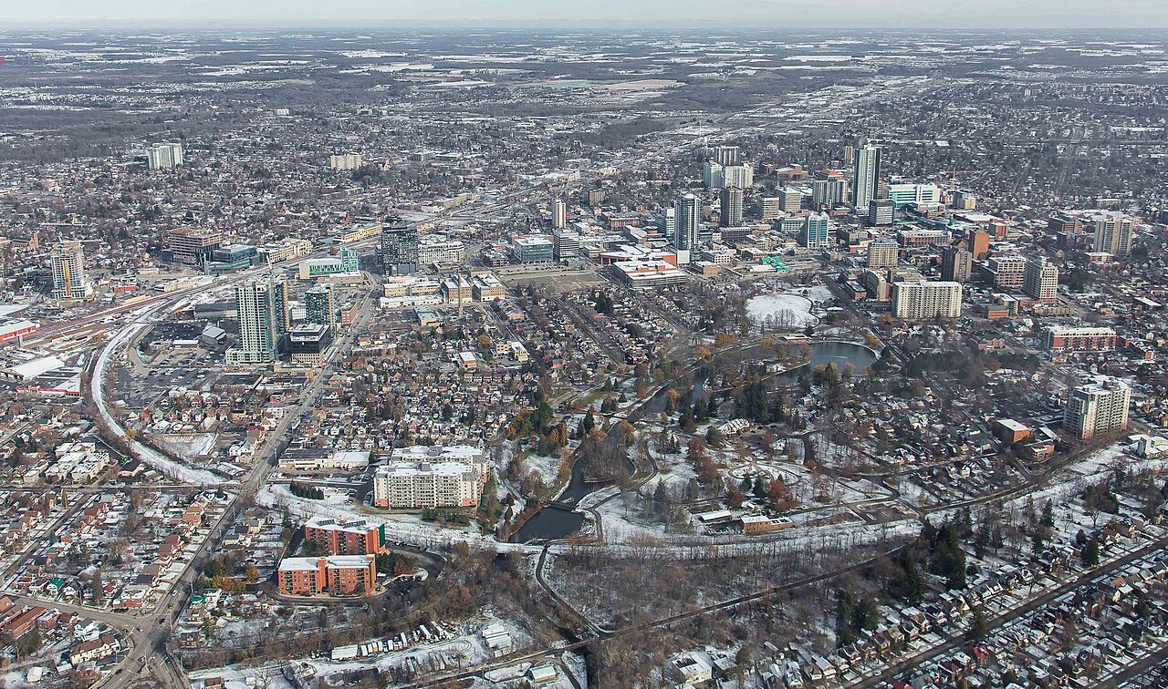 Aerial view of downtown Kitchener and Victoria Park in December 2021