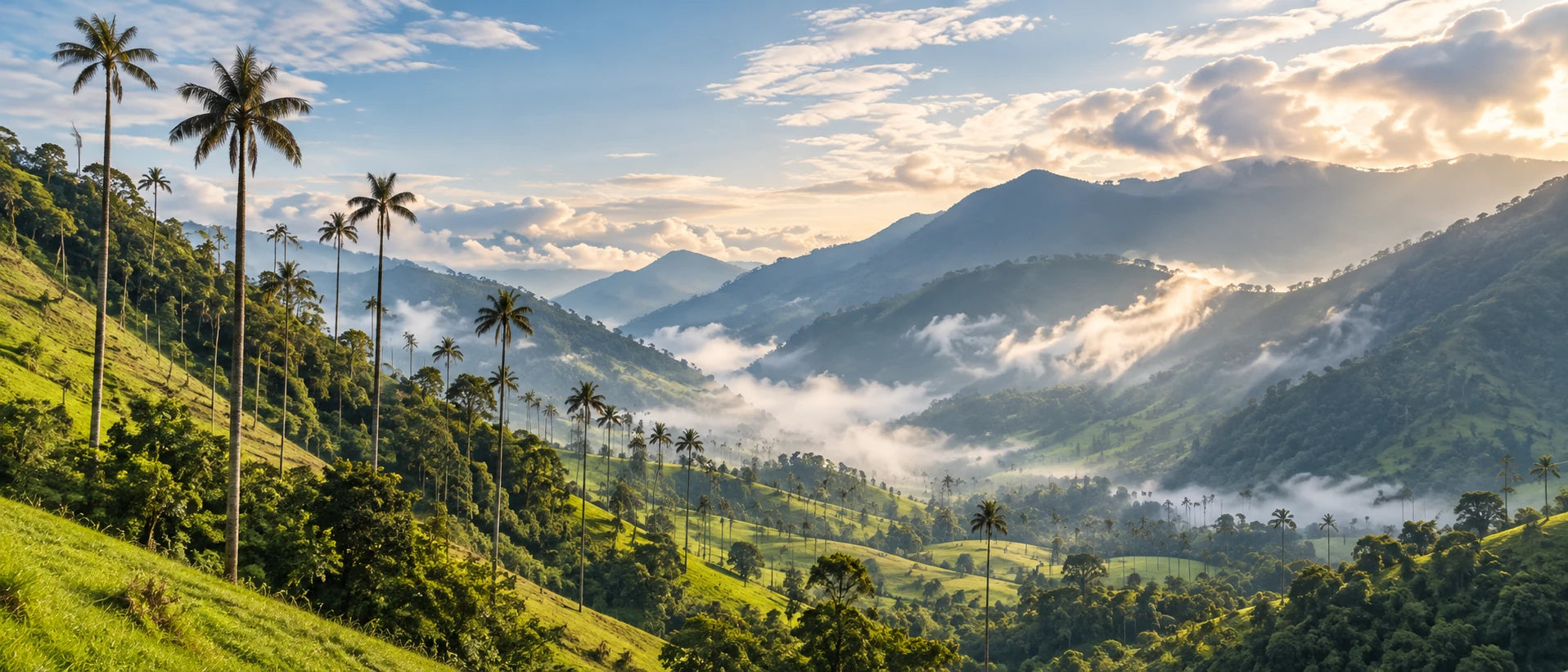 Lush green mountain valley with tall palms and mist in warm morning light