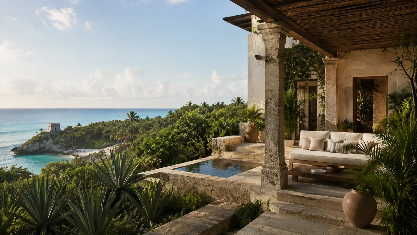 Mexican coastal hacienda terrace with agave, tropical greenery and the Caribbean Sea