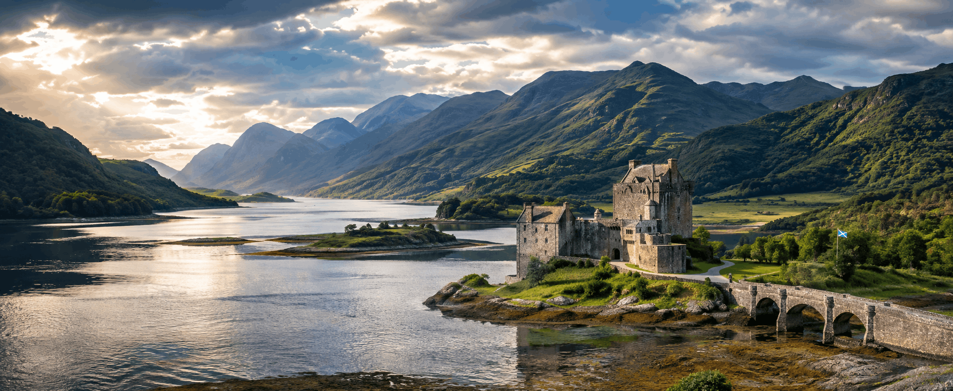 Scottish loch and green Highland mountains