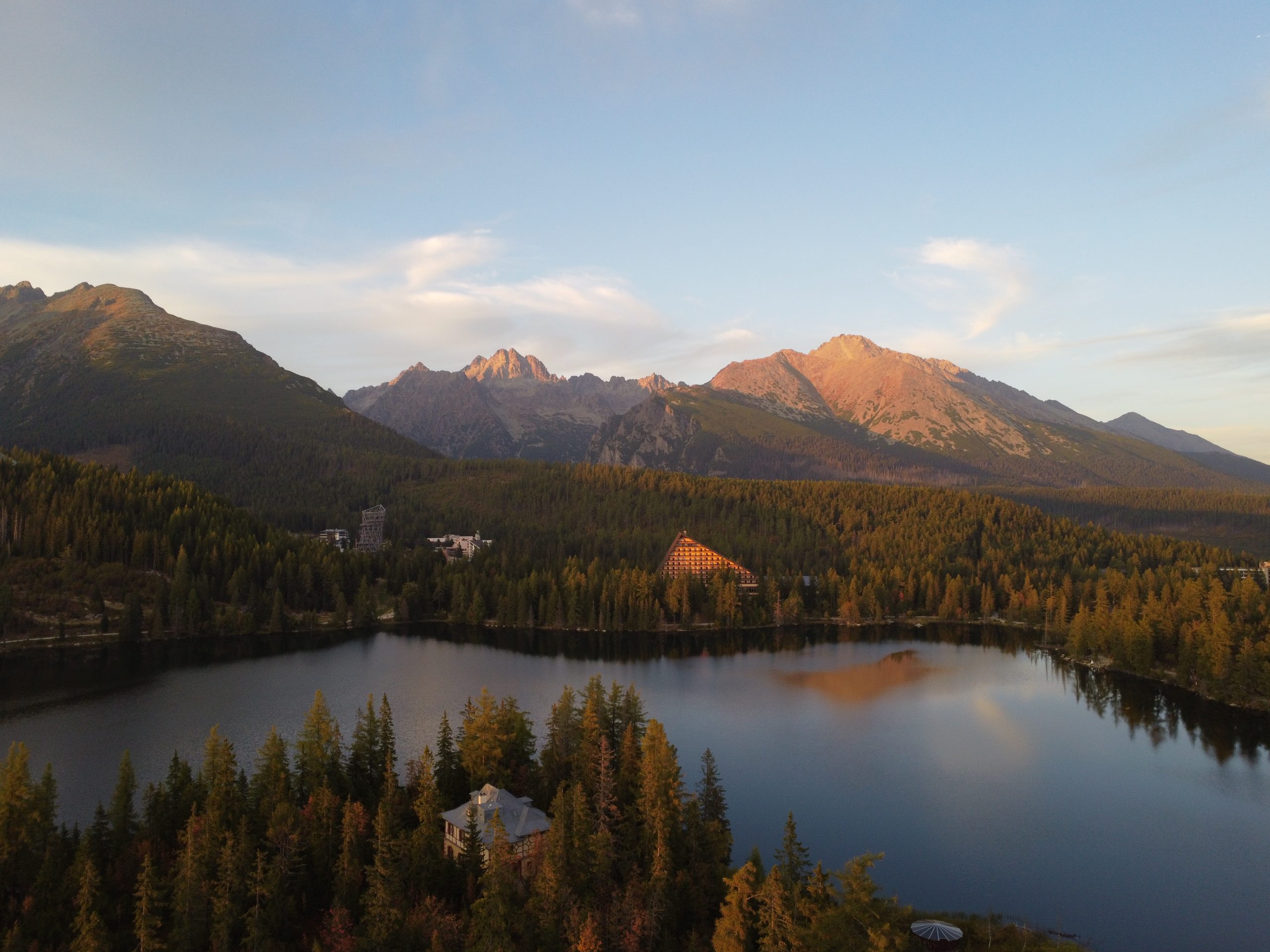 Sunset light on the High Tatras above Štrbské pleso, Slovakia