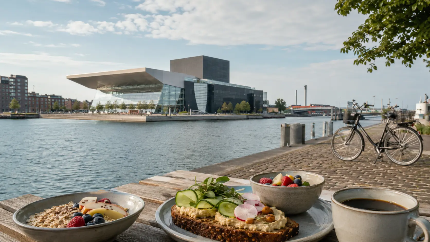 Plant-based breakfast beside Aalborg's Limfjord waterfront with modern concert hall architecture and a bicycle