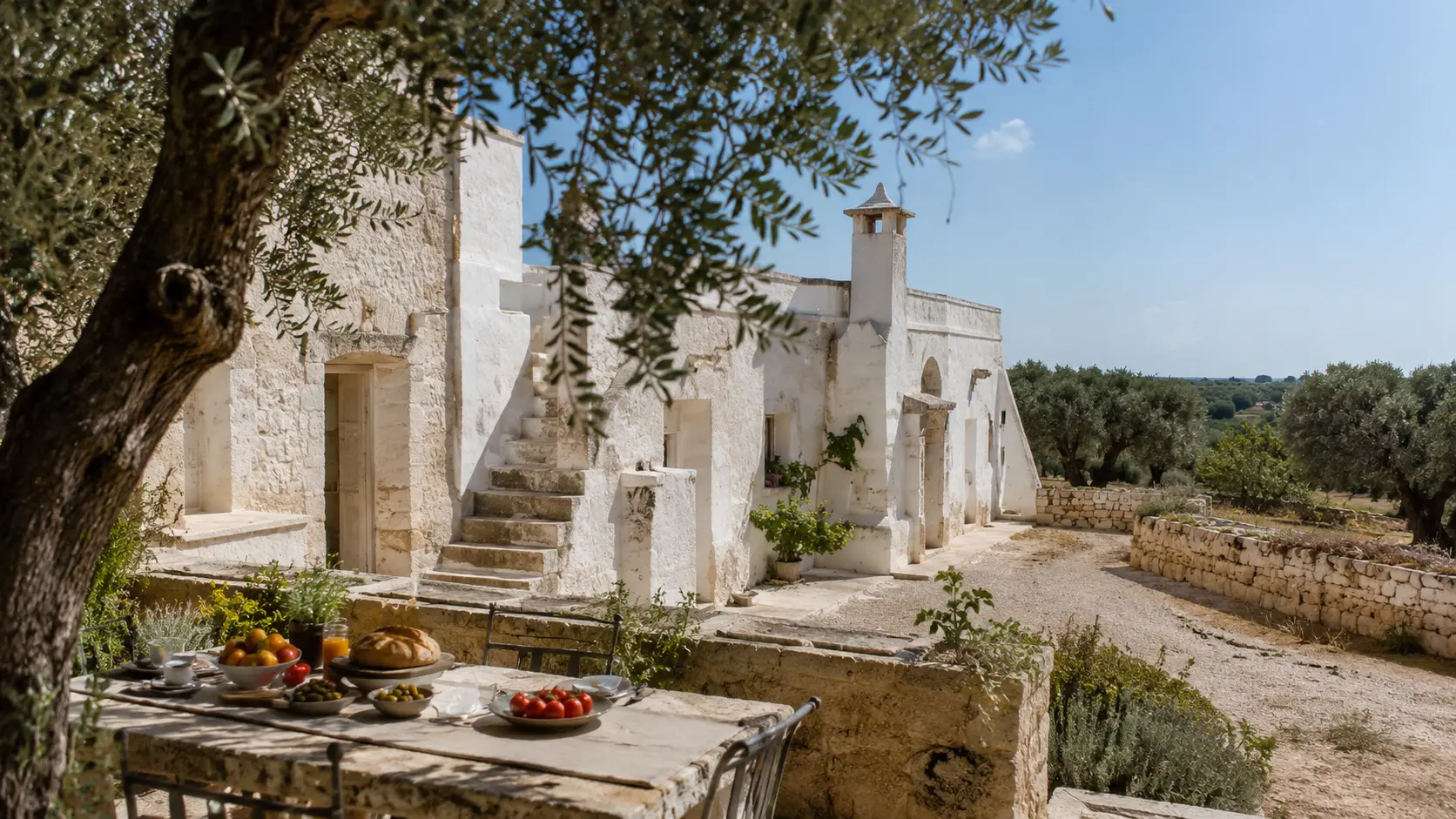Whitewashed Apulian masseria among ancient olive trees with a plant-based breakfast terrace