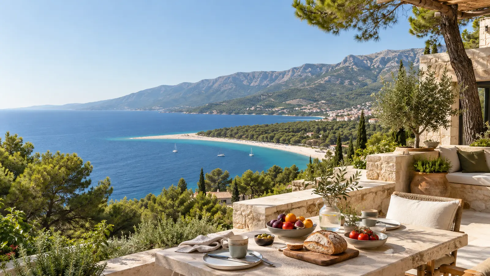 Brač island limestone coast, clear Adriatic water and a colorful vegan resort breakfast