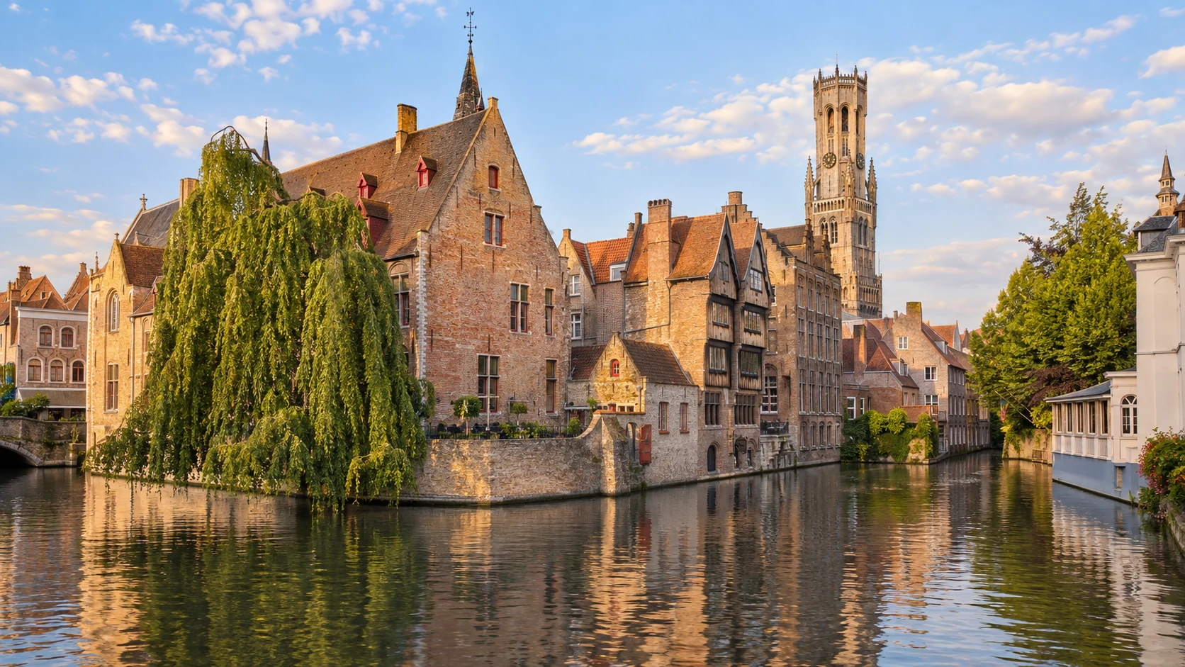 AI-generated Bruges canal illustration with historic brick houses and the Belfry