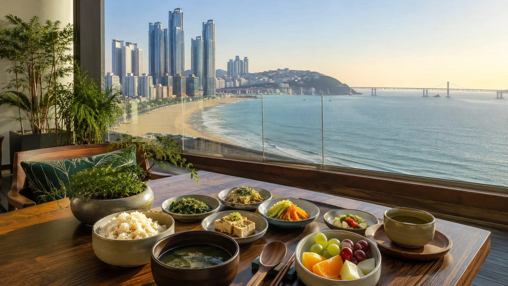 Plant-based breakfast at a coastal hotel overlooking Busan