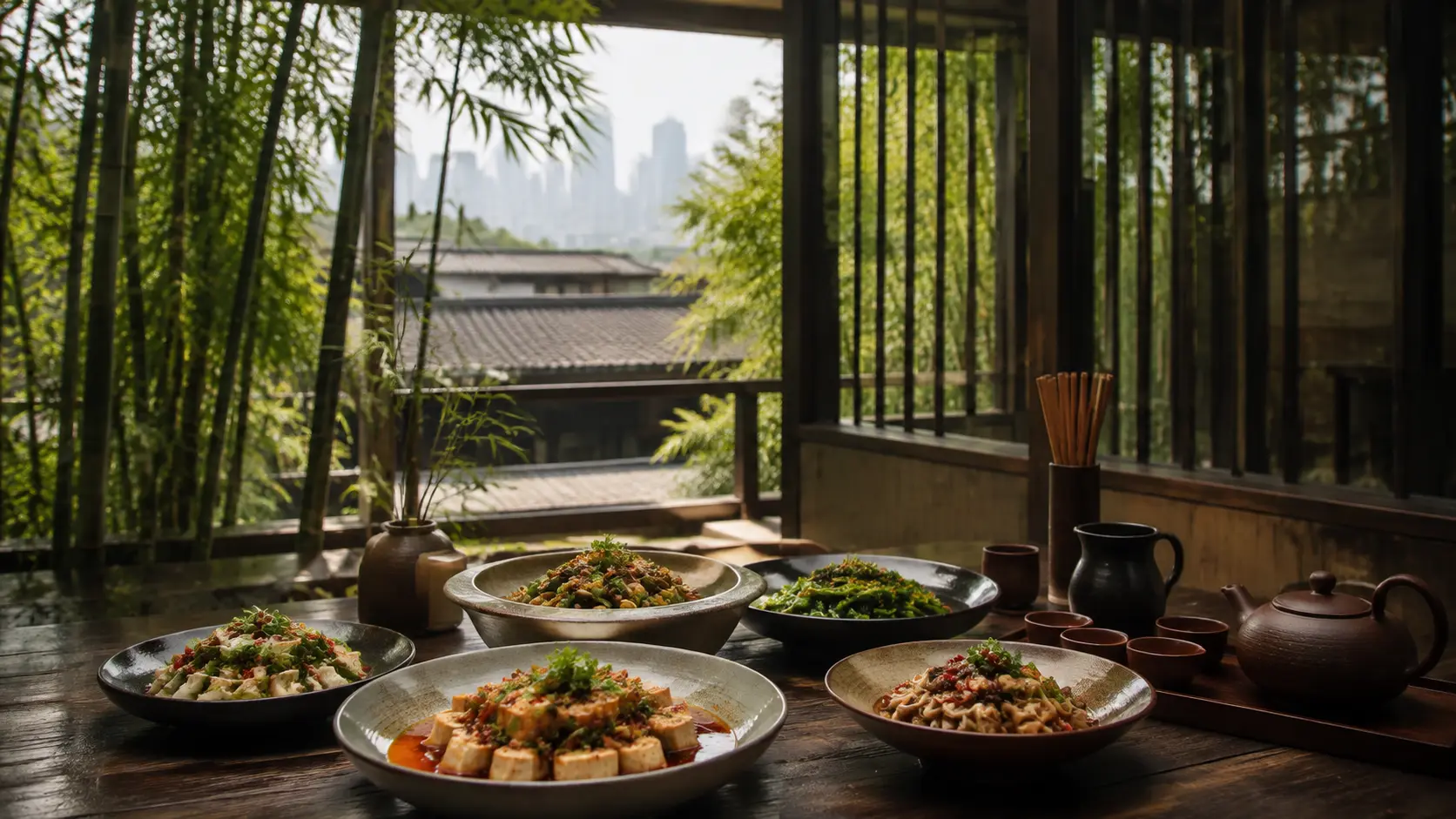 Plant-based Sichuan breakfast with the Chengdu skyline