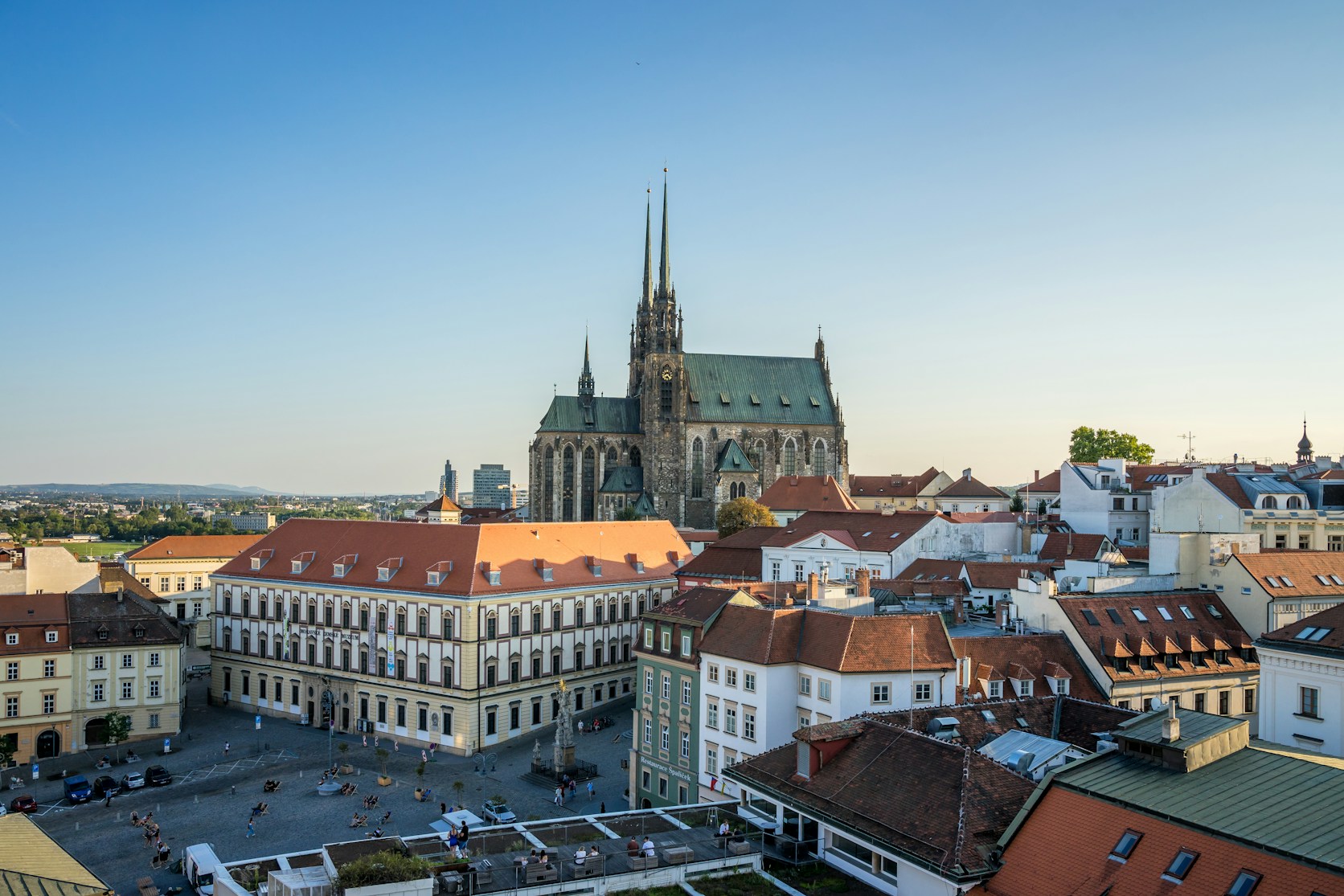 Brno city rooftops with the twin towers of the Cathedral of Saints Peter and Paul