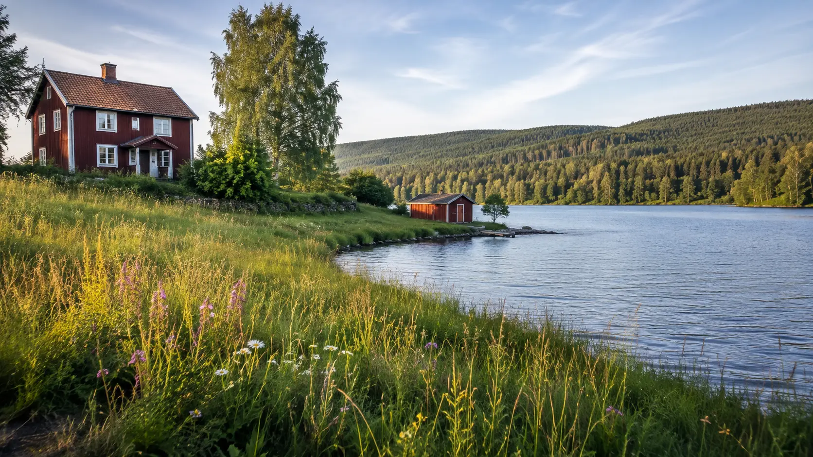 Traditional red cottages beside a lake in Dalarna