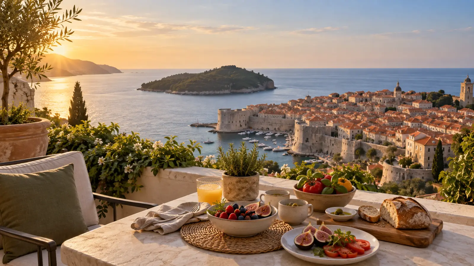 Dubrovnik old town and Adriatic coast viewed from a hotel terrace with a vegan breakfast