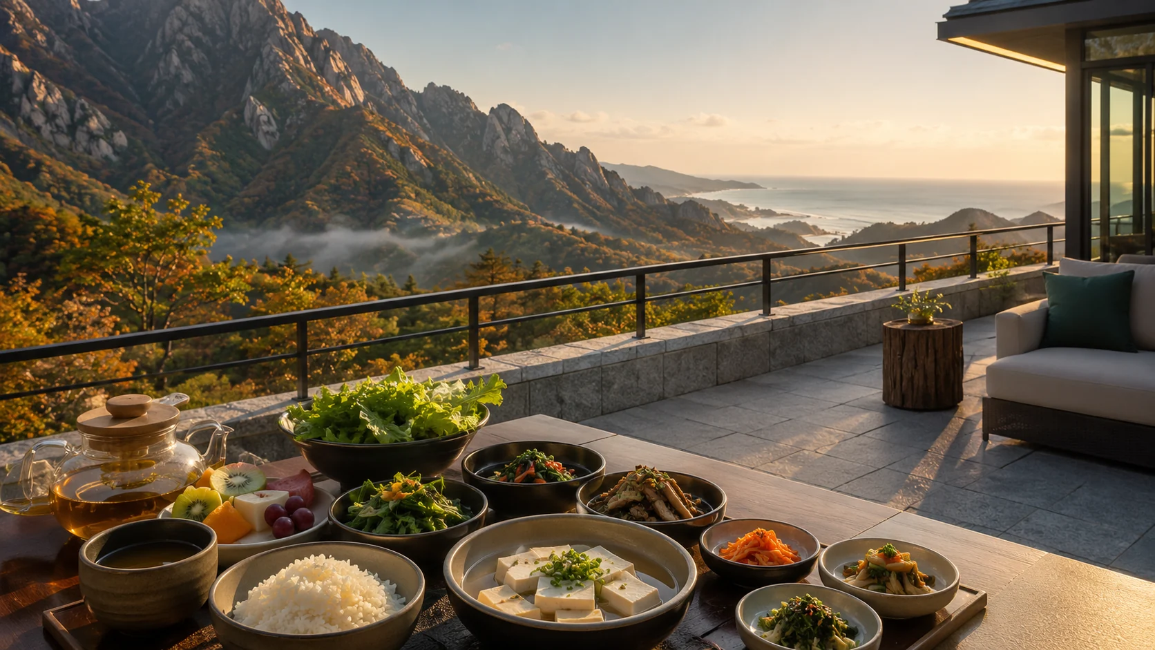 Plant-based hotel breakfast overlooking Seoraksan in Gangwon