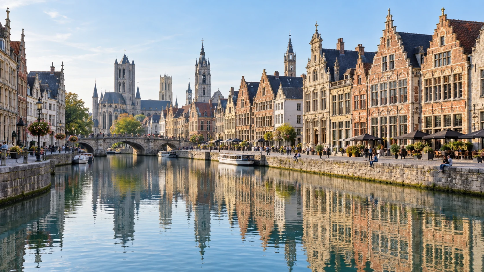 AI-generated Ghent riverfront illustration with Flemish guild houses beside the Leie