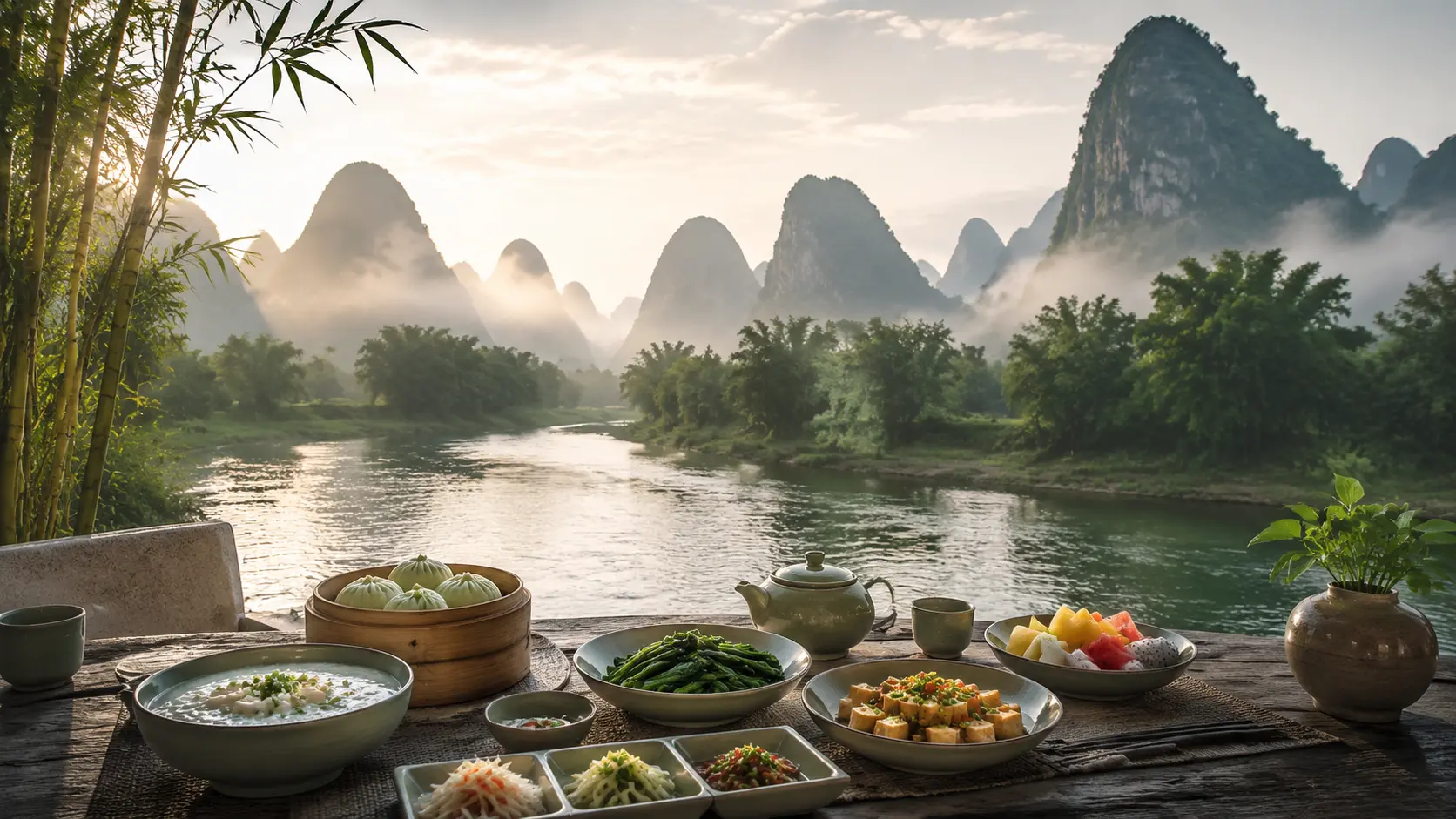 Vegan breakfast beside the Yulong River and Yangshuo karst peaks