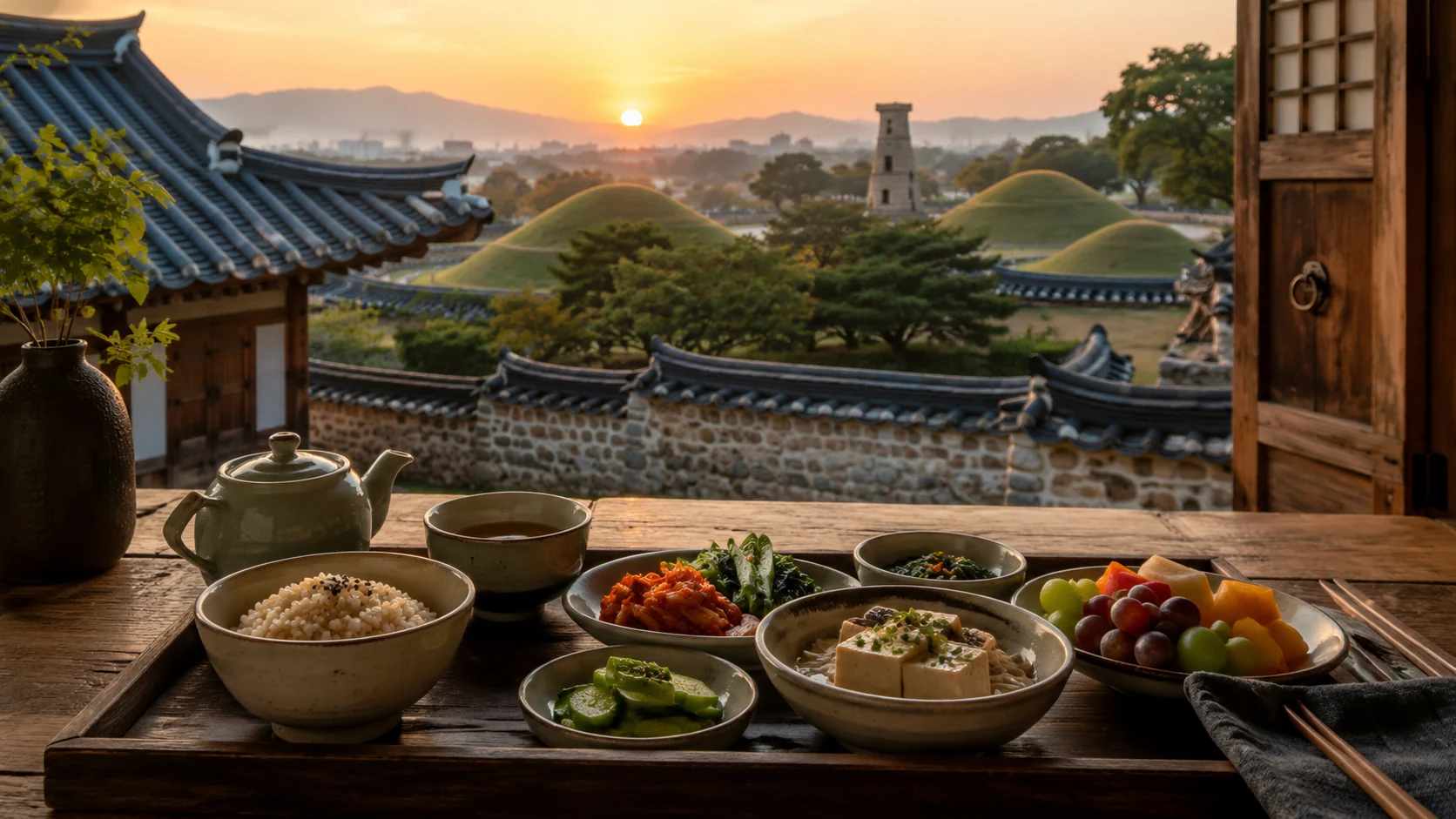 Vegan breakfast at a traditional hanok stay in Gyeongju