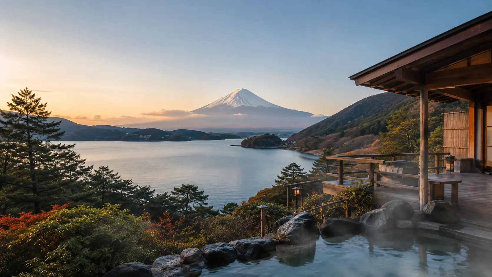 Vegan Japanese breakfast overlooking Mount Fuji and Lake Yamanaka