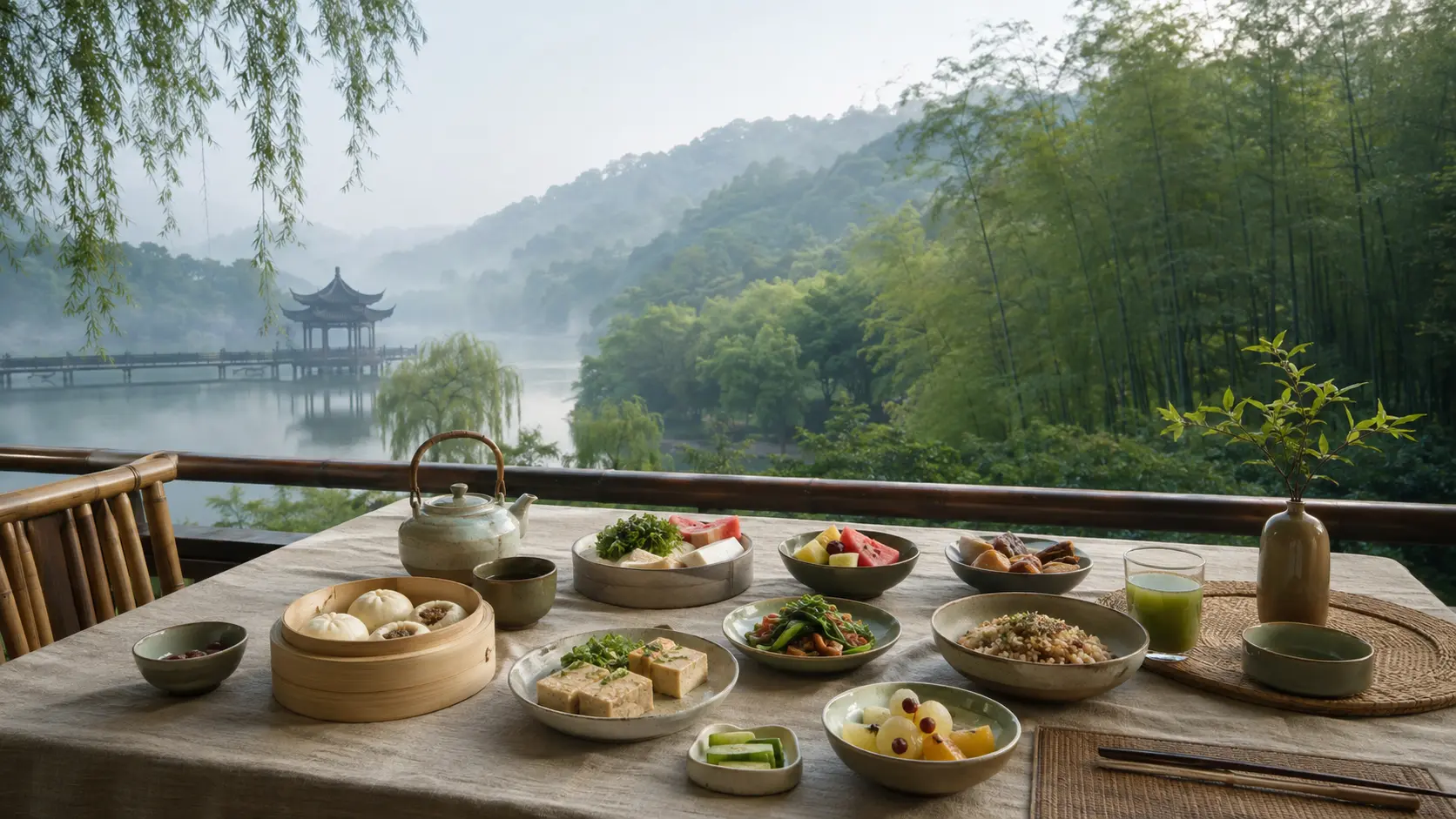 Vegan breakfast overlooking West Lake and the bamboo hills of Moganshan