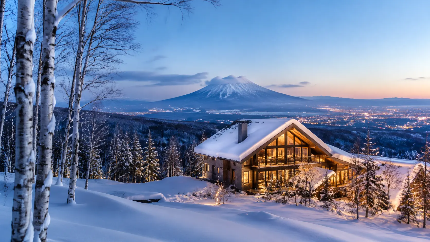 Vegan-friendly hotel breakfast with Hokkaido mountains and forest scenery