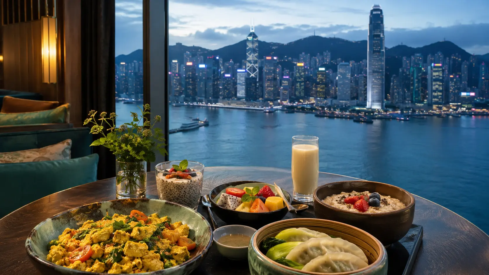 Vegan-friendly hotel breakfast overlooking Victoria Harbour in Hong Kong