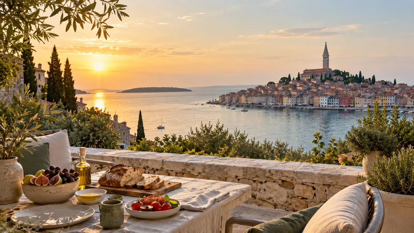 Sunlit Istrian hill town, olive grove and plant-based breakfast on a hotel terrace in Croatia
