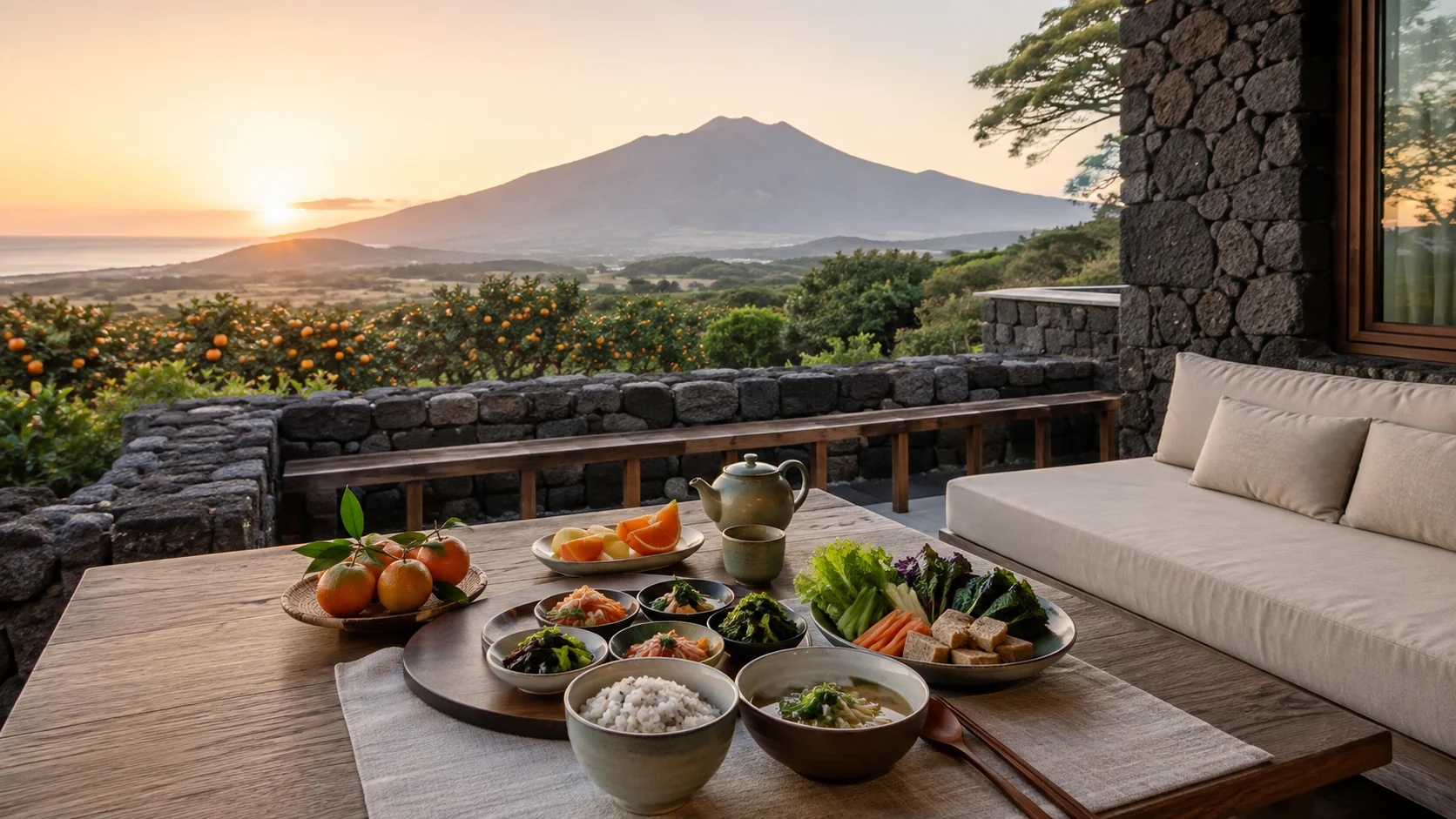 Vegan breakfast with volcanic landscape on Jeju Island