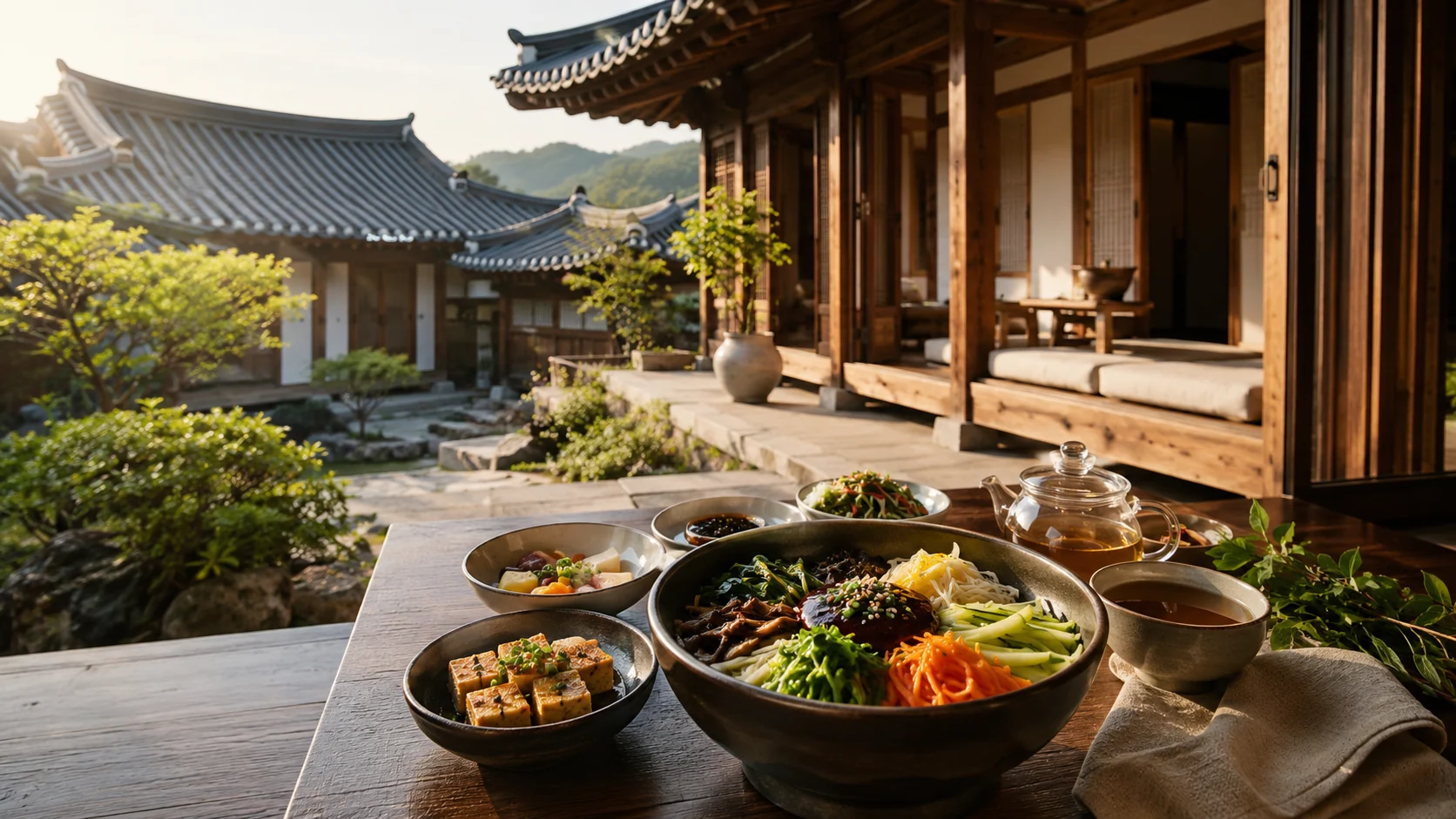 Plant-based bibimbap breakfast at a hanok stay in Jeonju