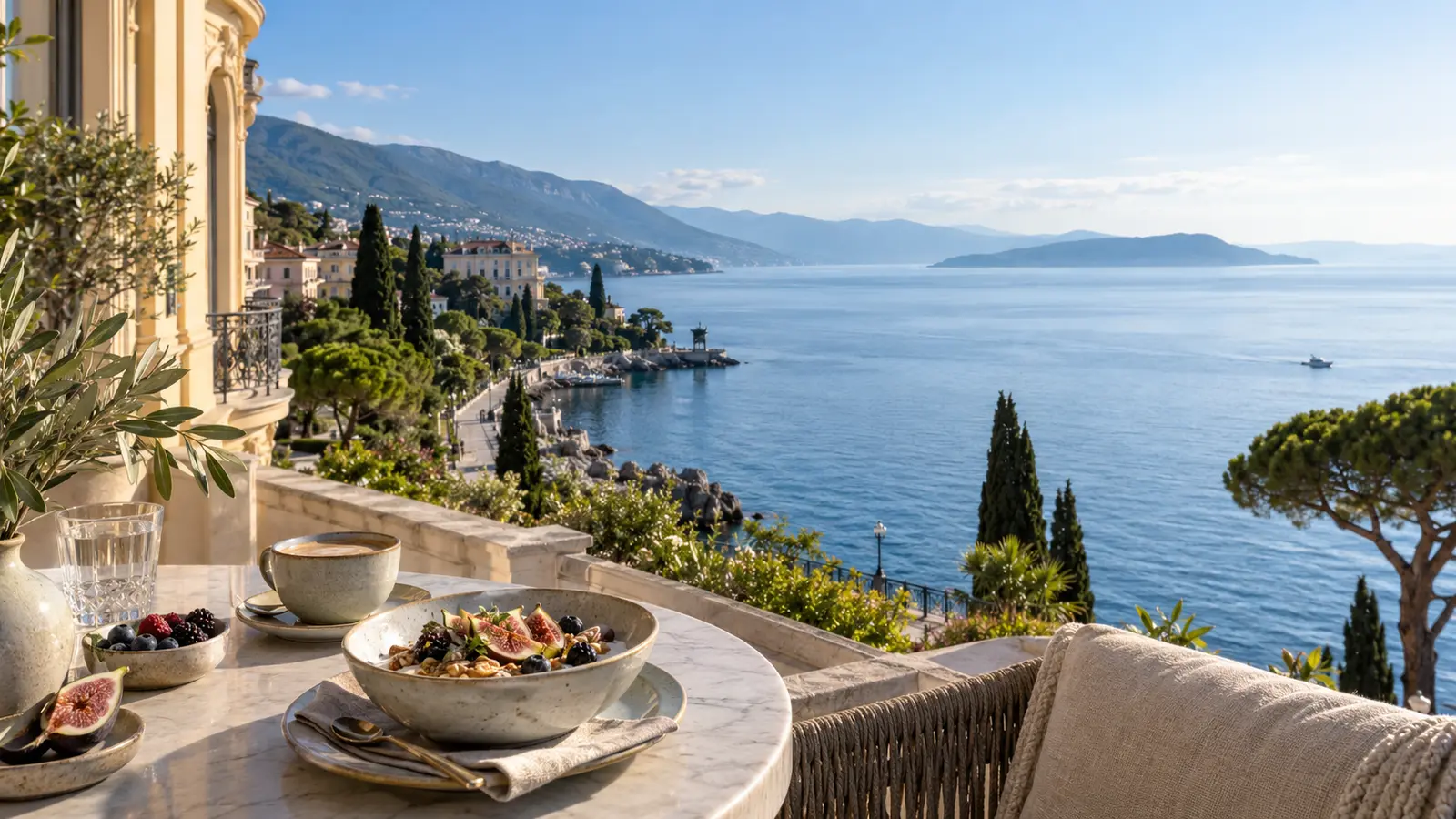 Kvarner Bay coastline with island mountains and a colorful vegan hotel breakfast in Croatia