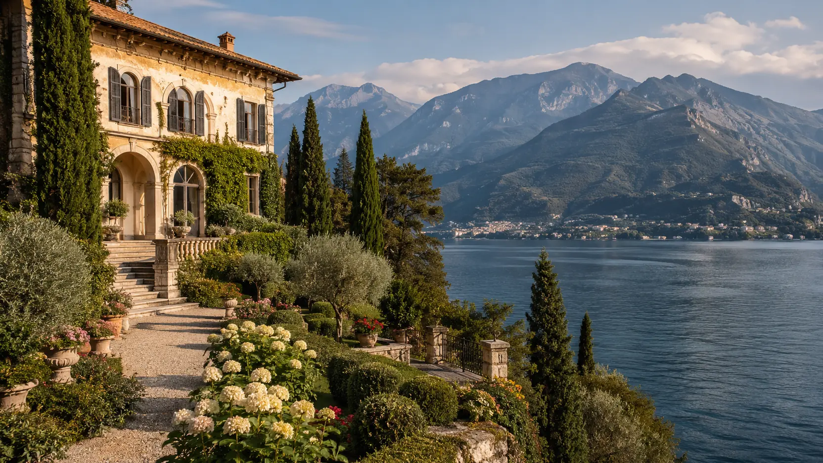 Elegant lakeside villa with gardens and mountain scenery in Lombardy