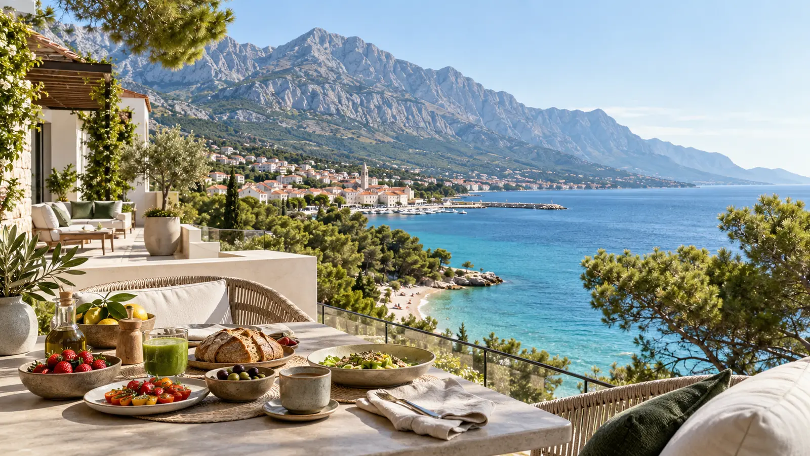 Makarska Riviera beneath Biokovo mountain with an abundant vegan hotel breakfast by the sea