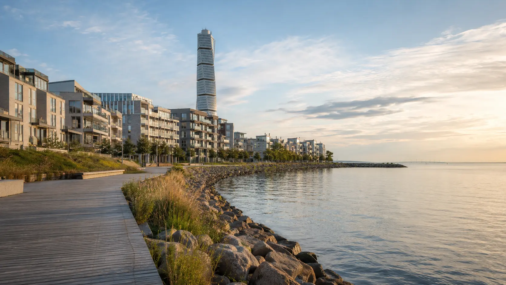 Malmö waterfront and Turning Torso beside the Öresund