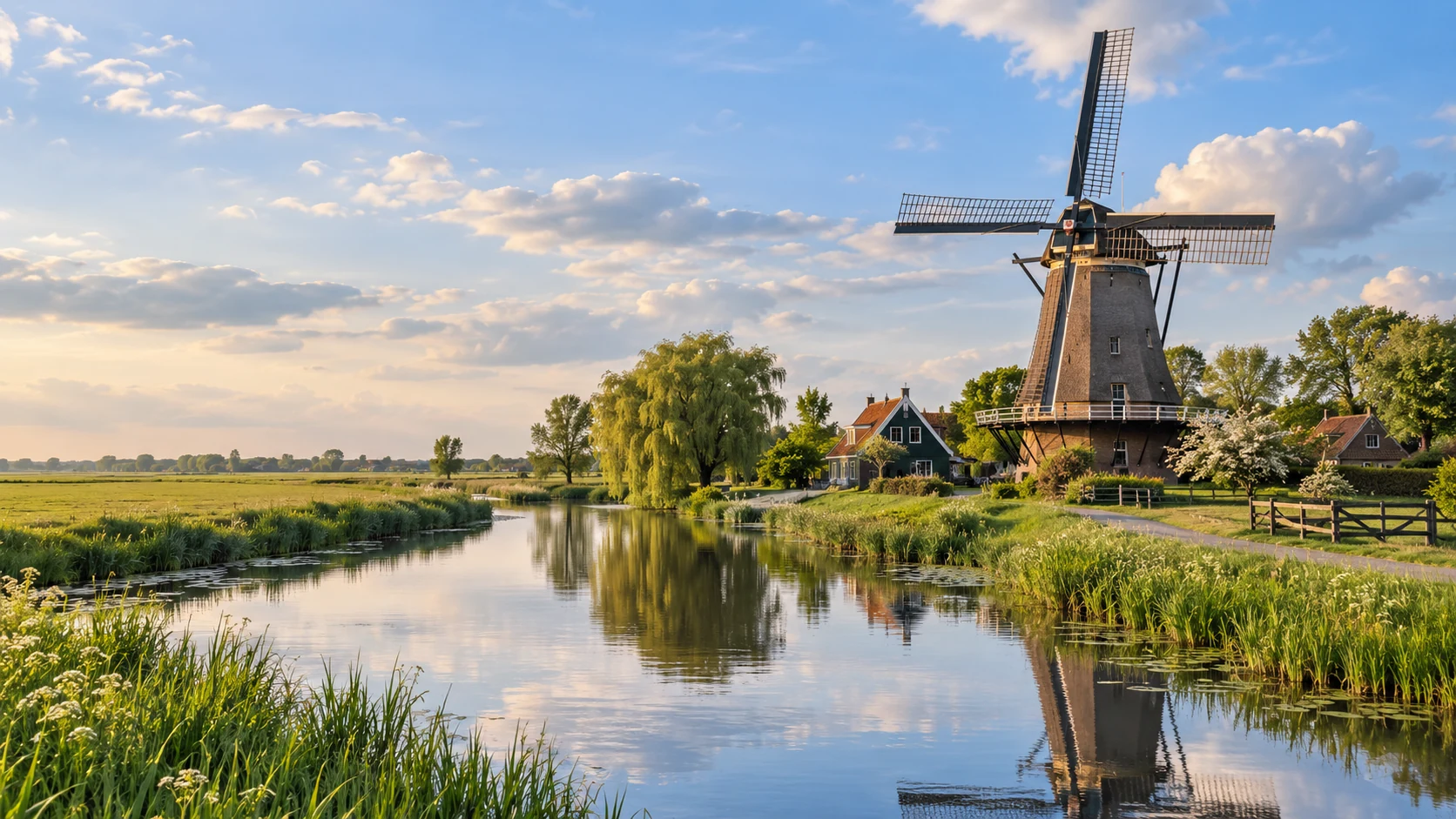 AI-generated Dutch countryside scene with a windmill beside a calm canal and green meadows
