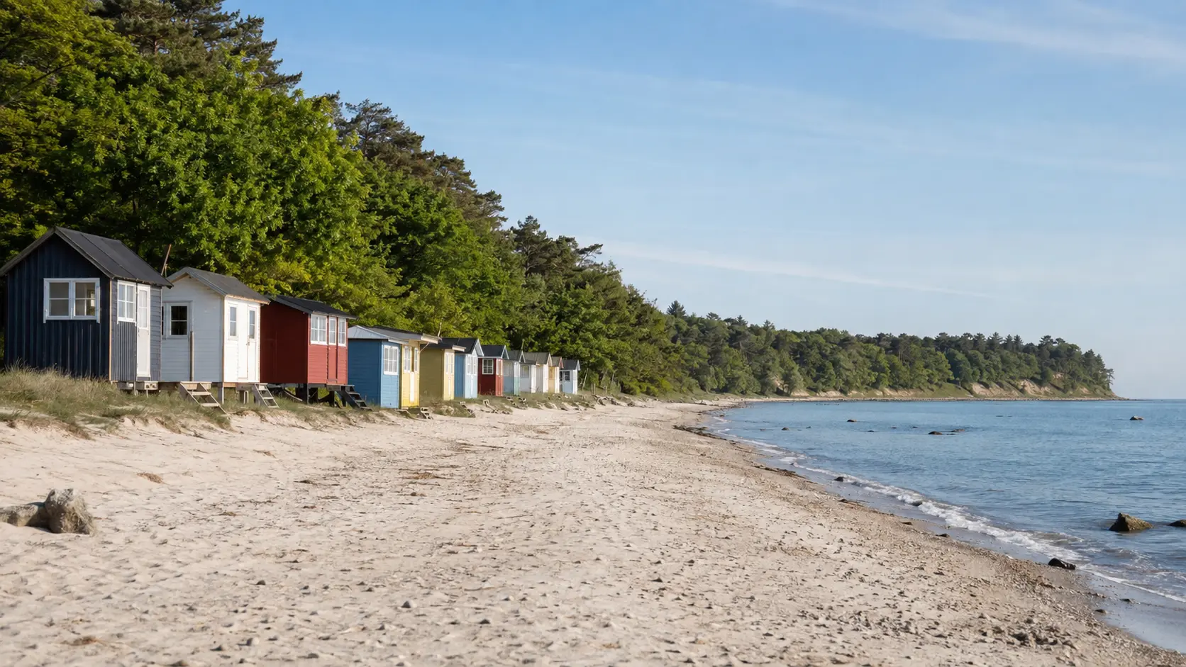 Colourful bathing huts on a quiet Danish Riviera beach in North Zealand