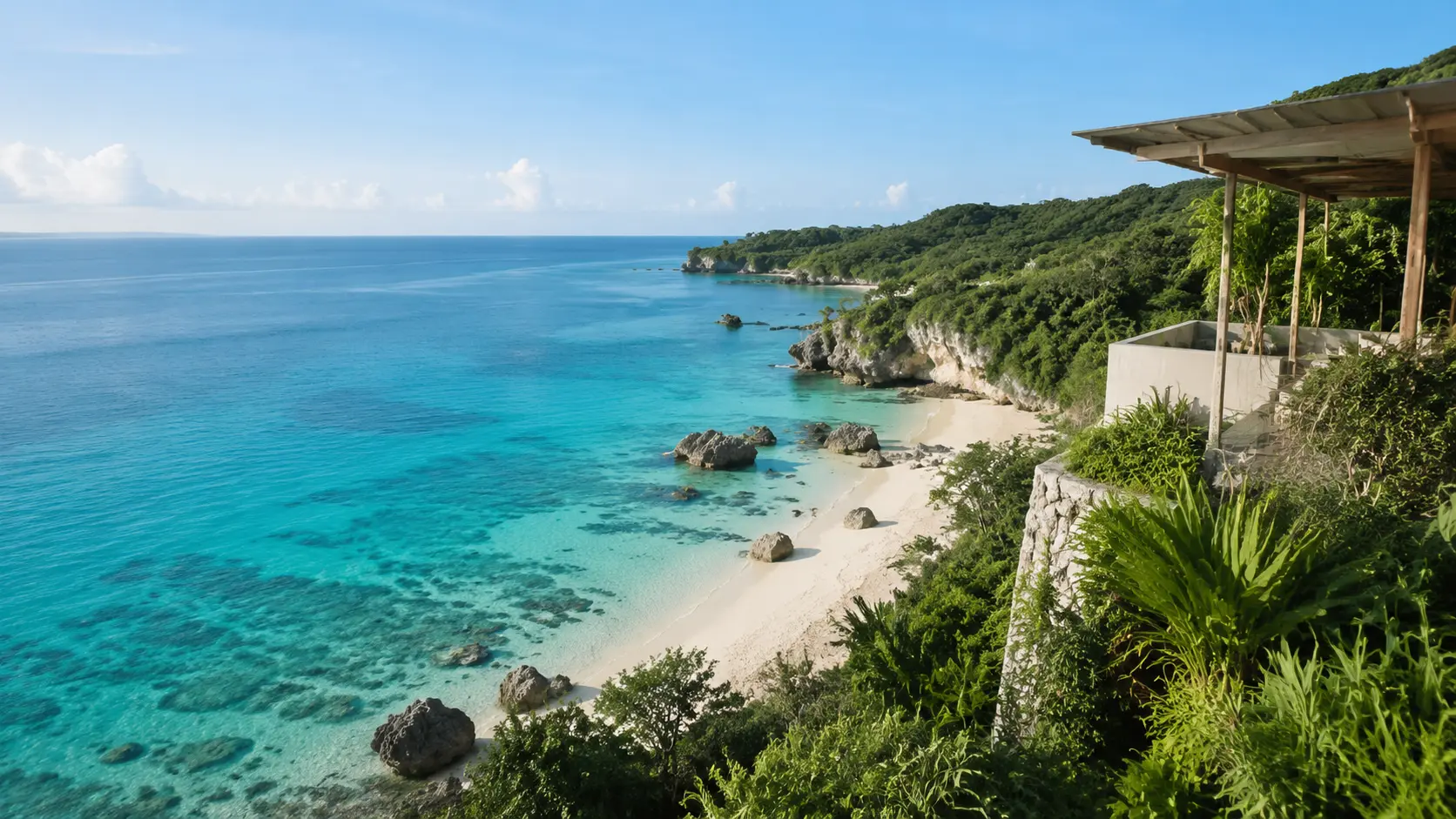 Vegan resort breakfast overlooking a tropical Okinawa beach