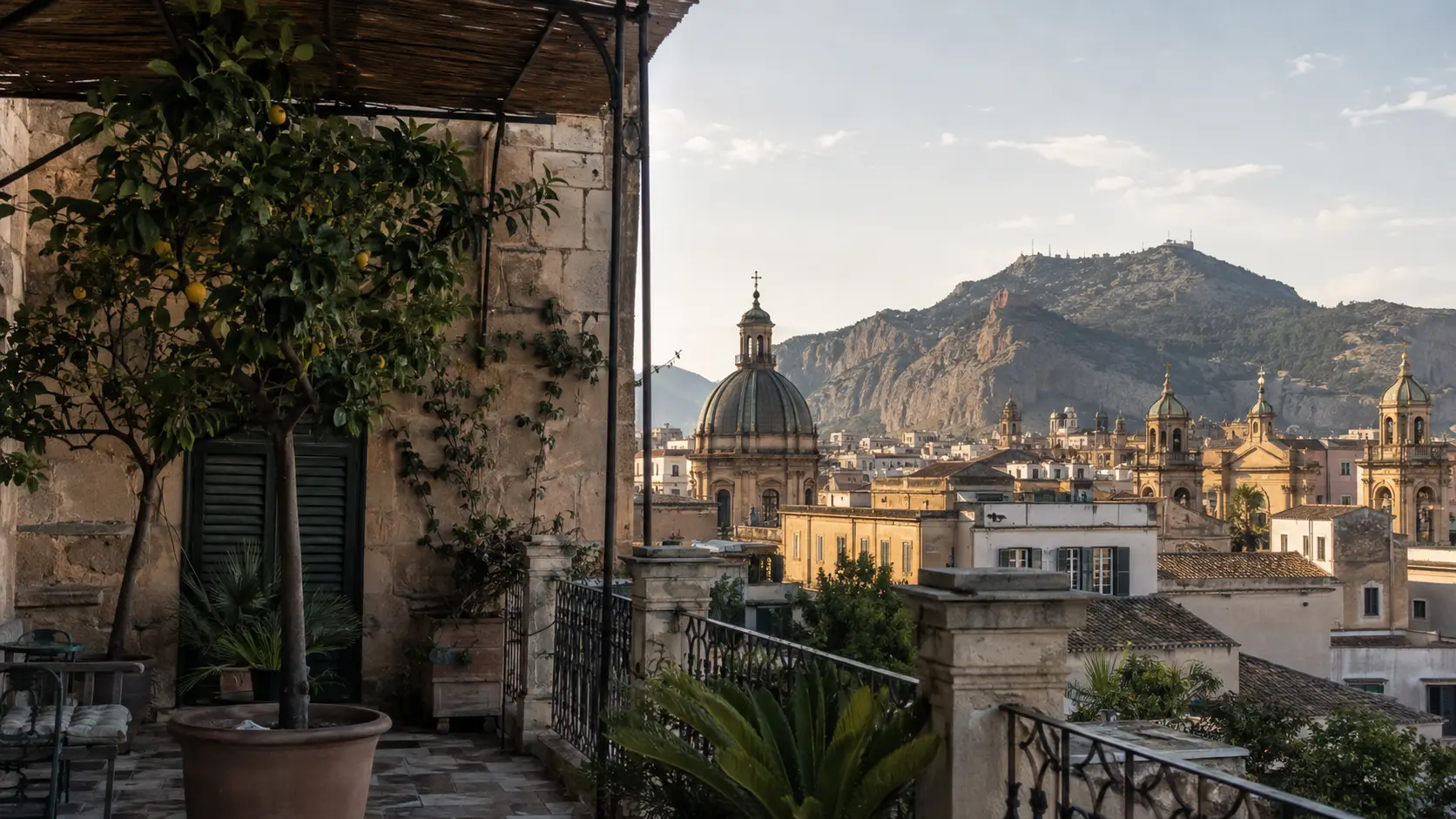 Historic Palermo hotel terrace overlooking city domes and Monte Pellegrino
