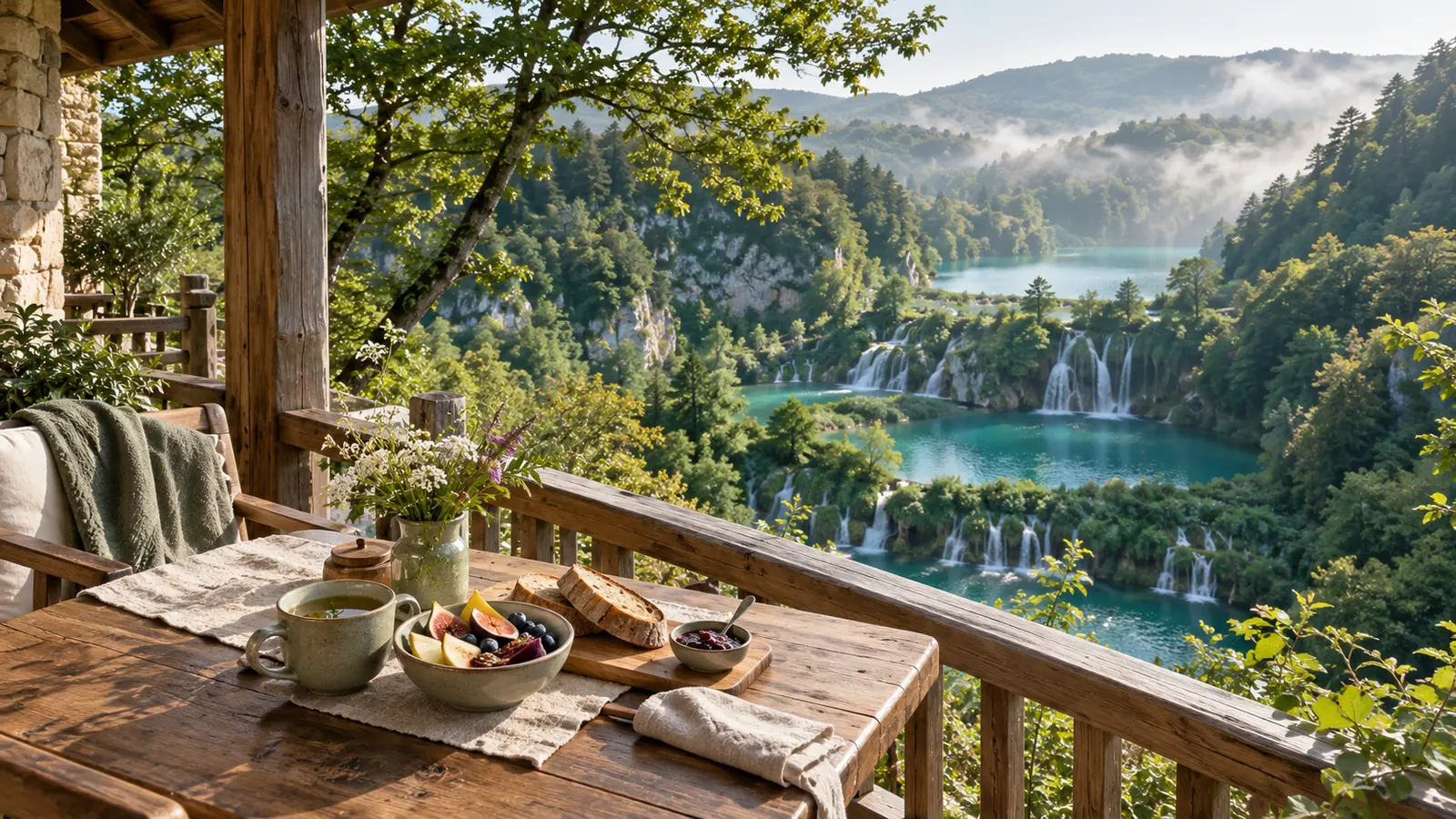 Plitvice Lakes waterfalls and forest with a hearty vegan breakfast at a nature lodge in Croatia