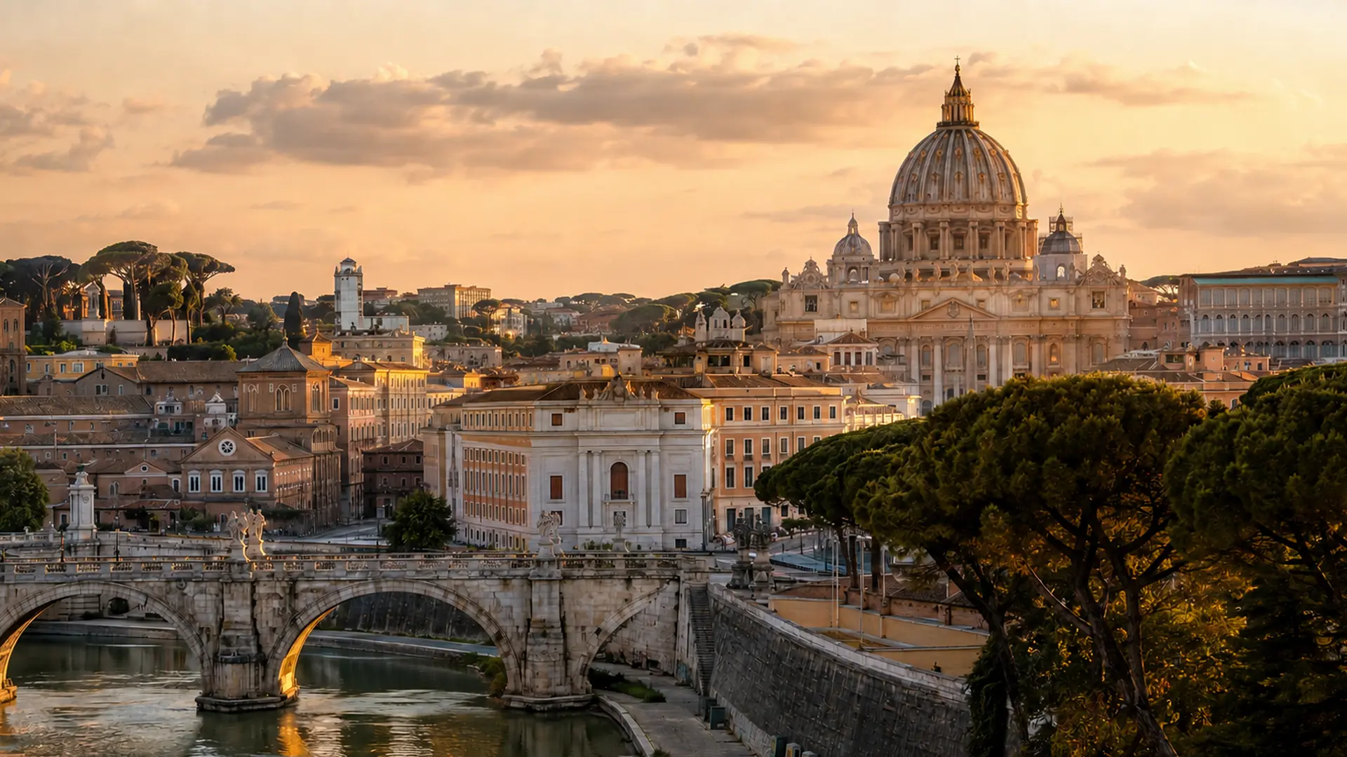Rome skyline with historic domes in warm evening light