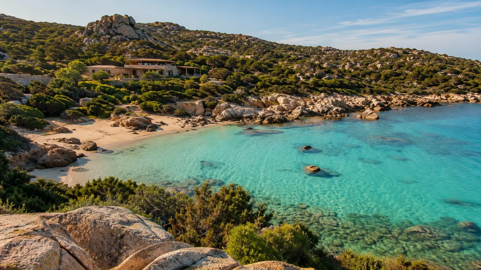 Turquoise Sardinian cove with granite rocks and a coastal retreat