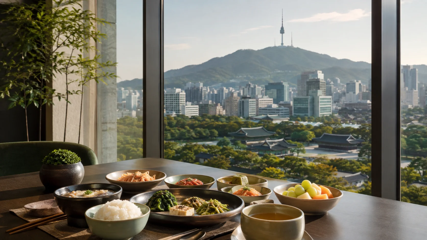 Plant-based hotel breakfast overlooking Seoul and Namsan