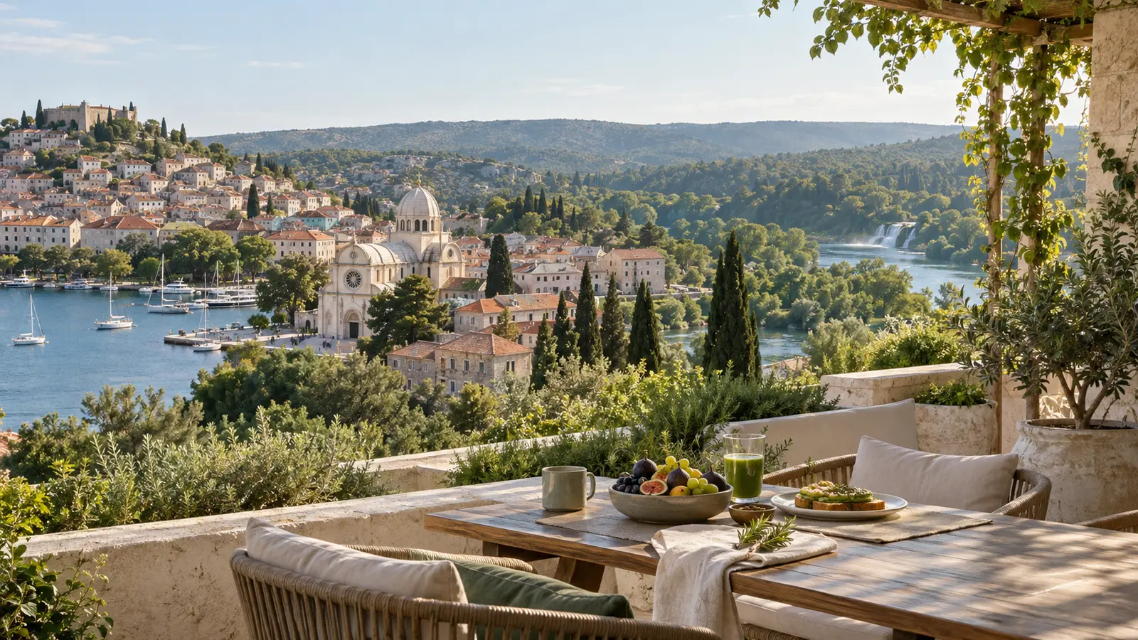 Krka waterfalls and Šibenik coast with a bright plant-based breakfast at a Croatian hotel