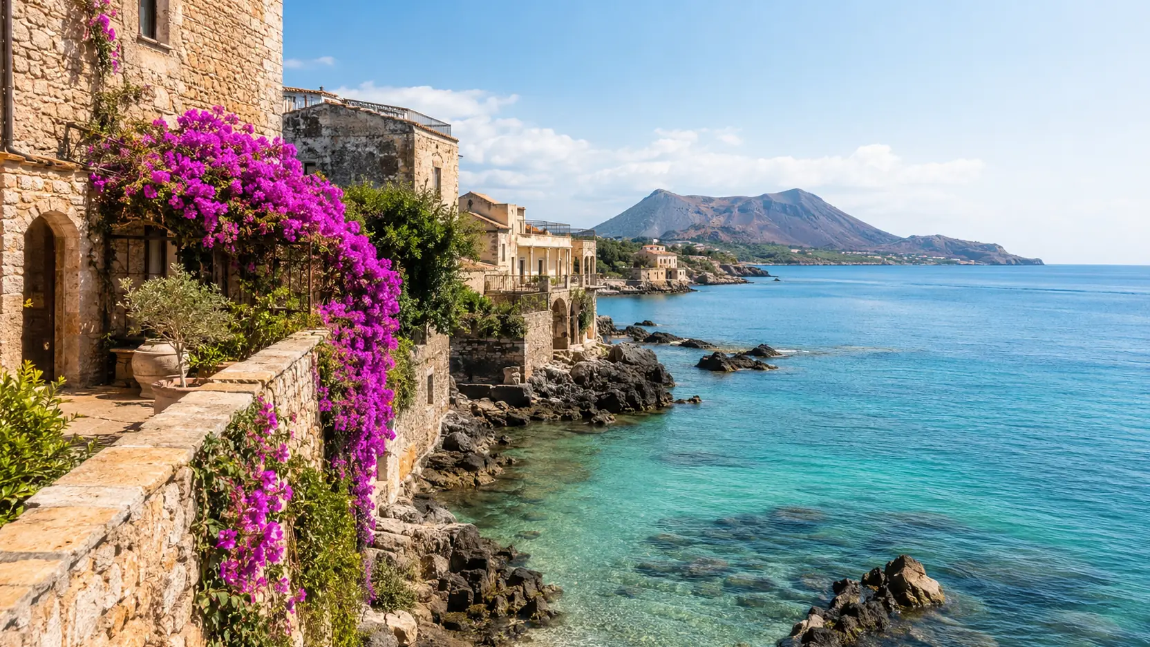 Sicilian Mediterranean coast with stone buildings and turquoise sea