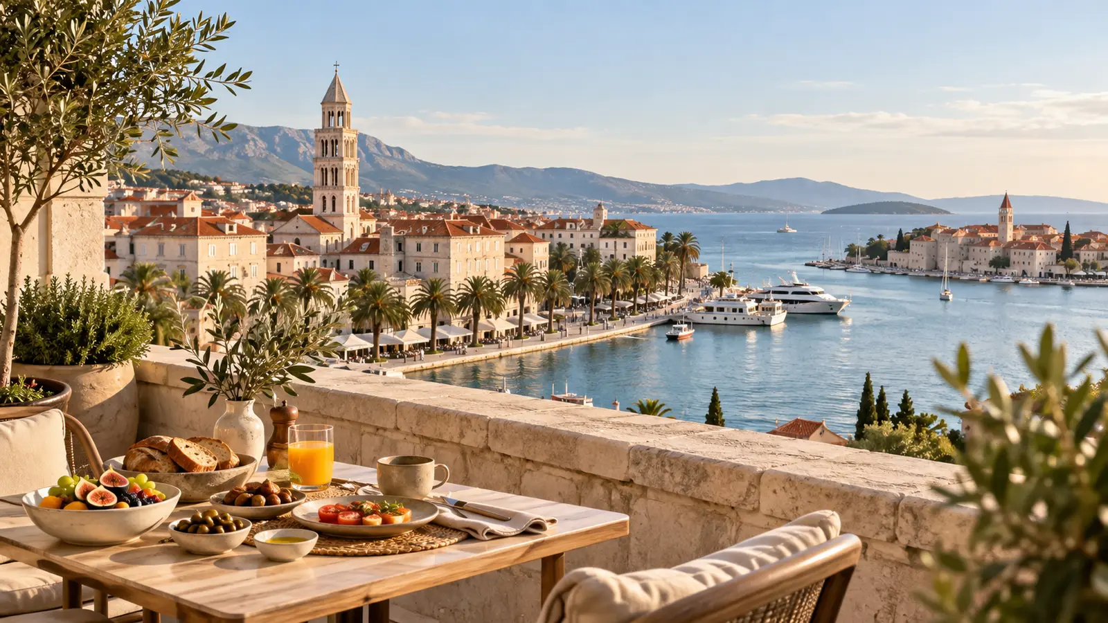 Split waterfront and Diocletian-era stone architecture with a Mediterranean vegan breakfast